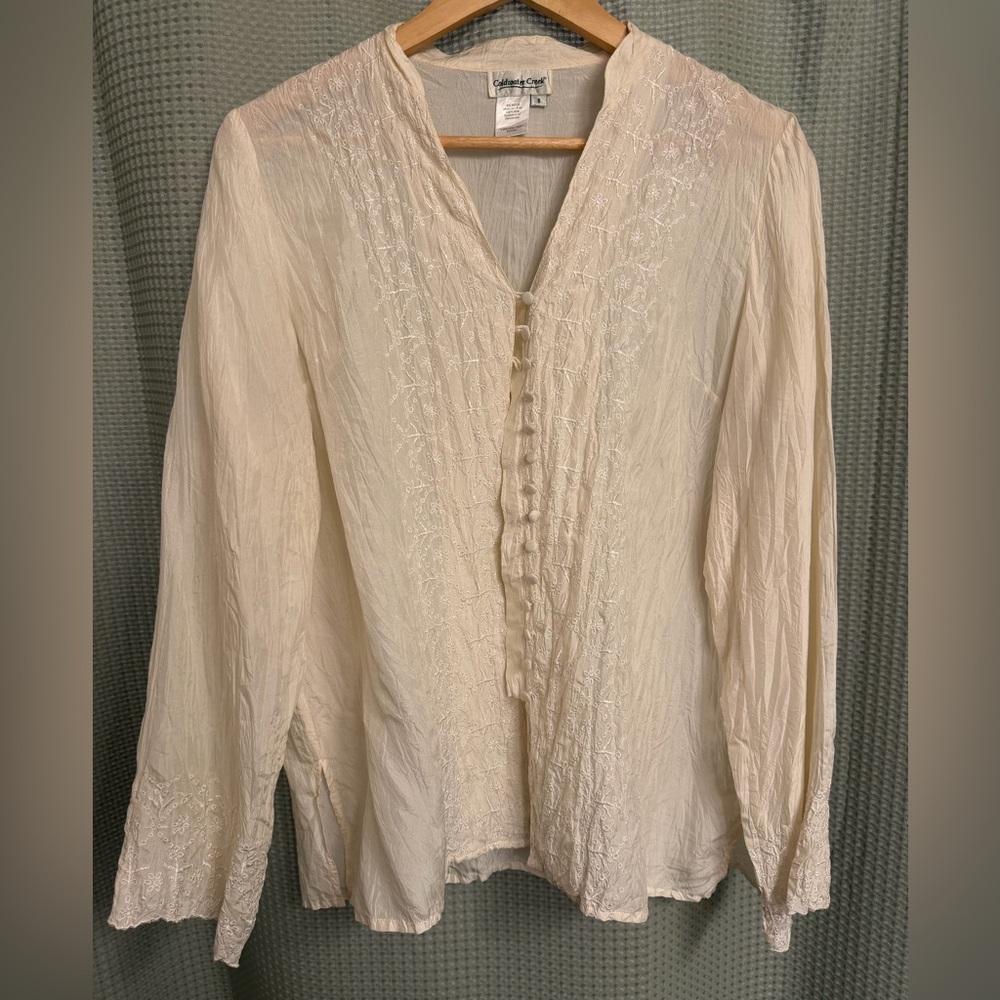 100% Silk Coldwater Creek Cream Embroidered Button-Front Blouse